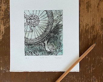 Close Call - Versions 1-4 open edition original collagraph and lino print, Handprinted, Snail, Mountain Biking