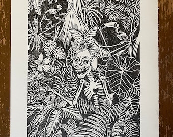 La Catrina in the Jungle - Black & white limited edition original lino print, Handprinted, Mexican folk art, skeleton, rainforest