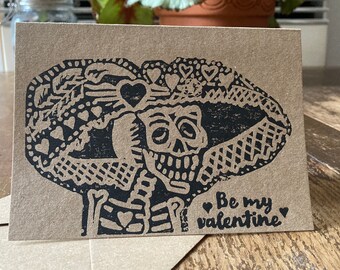 Mexican-inspired Valentine's Day card | Lino print | Handmade | Kraft card | Recycled