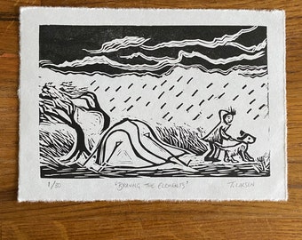 Braving the Elements - Black & white limited edition original lino print, Handprinted, Camping in Wales, British weather