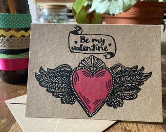 Mexican sacred heart Valentine's Day card | Lino print | Handmade | Kraft card | Recycled