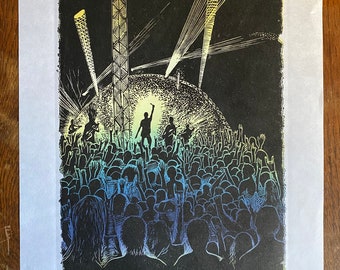 Deep in the crowd -  limited edition original lino print, Handprinted, Live music, Festival, Gigs, Arctangent