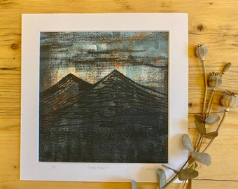 Dark Peaks monotype print - Original hand-printed monotype - mountains