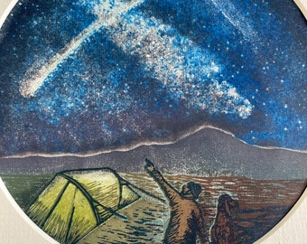 Stargazers II - V2 - limited edition original cyanotype and lino print, Handprinted, Milky Way, Shooting Stars, Pembrokeshire