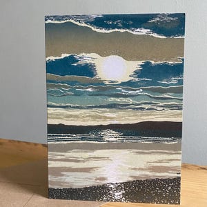 Newgale at Low Tide greeting card based on an original linocut print, Pembrokeshire, sunset