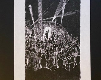 Deep in the crowd -  black & white limited edition original lino print, Handprinted, Live music, Festival, Gigs, Arctangent