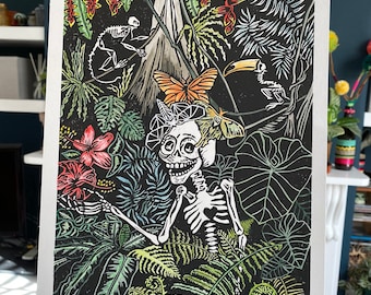 La Catrina in the Jungle - limited edition hand-coloured original lino print, Handprinted, Mexican folk art, skeleton, rainforest