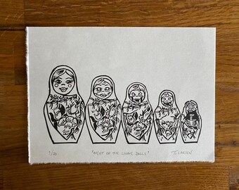 Night of the Living Dolls - Black & white limited edition original lino print, Handprinted, Russian dolls, Zombies