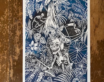 La Catrina in the Jungle - Blue and black limited variable edition original lino print, Handprinted, Mexican folk art, skeleton, rainforest