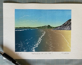 Porthselau at low tide - V1 - limited edition original lino print, A5 size, Handprinted, Pembrokeshire beach, Wales