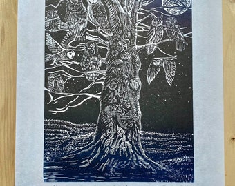 Owl Whisperer - limited edition original lino print, Handprinted, forest at night, ent