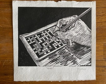 Memory - Black & white limited edition original lino print, Handprinted, Cryptic crossword, Puzzles, hands