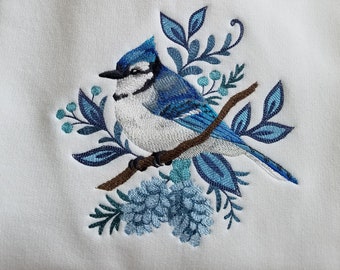 Embroidered Frosted Winter Blue Jays White UNISEX Sweatshirt - Winter Wear- Winter Birds - Birds on a Limb - Snow Covered - Bird Lovers -