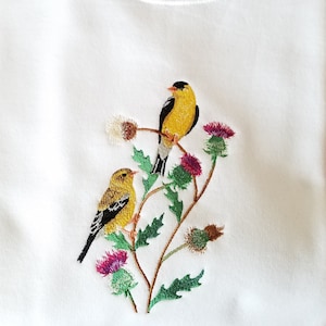 Embroidered Spring Goldfinches, on White UNISEX Sweatshirt - Bird Lovers - Spring Sweatshirt - Winter Sweatshirt - Women&#39;s or Grandma&#39;s Gift