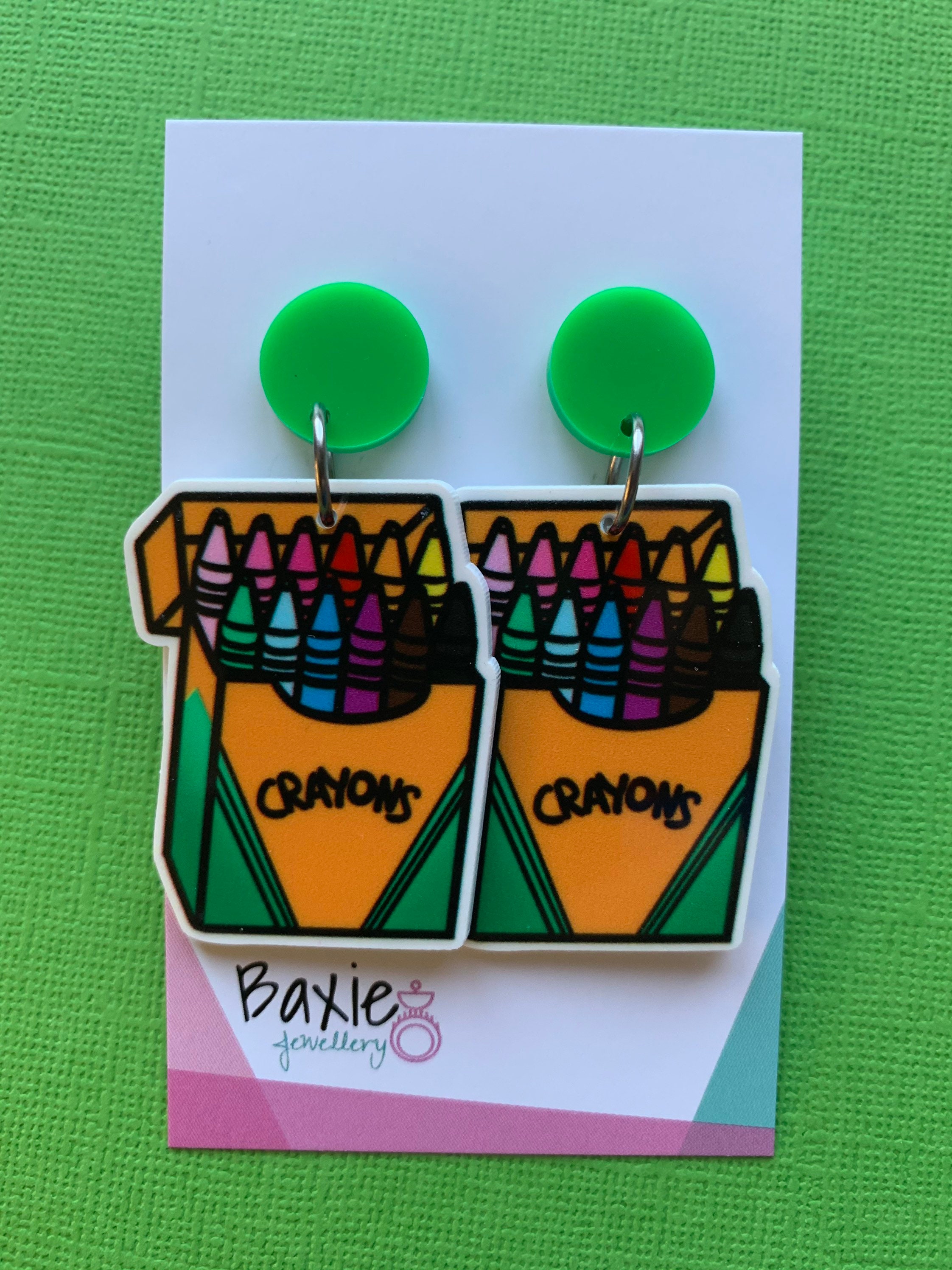 Crayon Box Dangle Earrings Teacher Green Acrylic Etsy