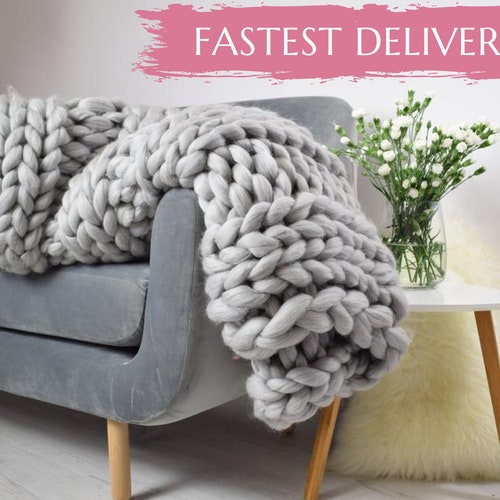 Chunky knit blanket, Knit blanket, Giant throw, Arm knitting, Stripped merino blanket, Thick, Home decor, Boho, Christmas gift