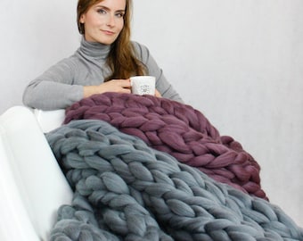 Chunky knit blanket, Knit blanket, Giant throw, Arm knitting, Chunky yarn, Merino wool, Thick yarn, Home decor, Boho, Mother's Day gift