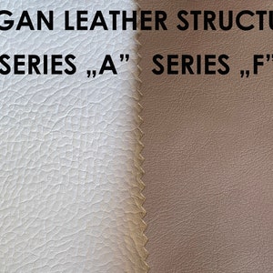 May include: Close-up of two samples of vegan leather, showing the different textures of the "A" series and the "F" series. The "A" series is a light gray with a fine grain, while the "F" series is a light brown with a coarser grain.