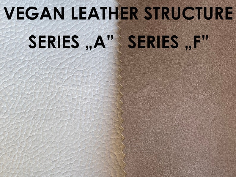 May include: Close-up of two samples of vegan leather, showing the different textures of the "A" series and the "F" series. The "A" series is a light gray with a fine grain, while the "F" series is a light brown with a coarser grain.