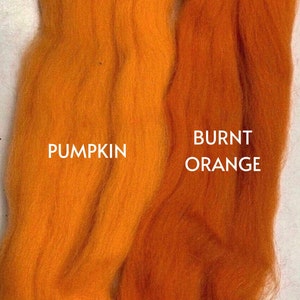 May include: Two swatches of wool yarn, one labeled "PUMPKIN" and the other "BURNT ORANGE". The "PUMPKIN" swatch is a lighter orange, while the "BURNT ORANGE" swatch is a darker, more reddish orange.
