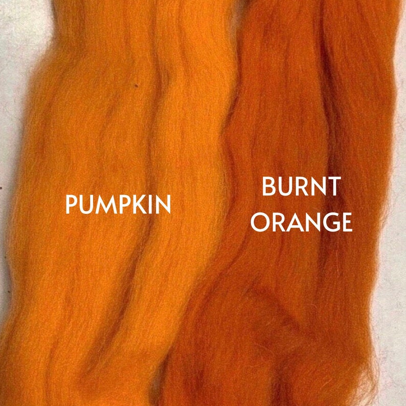 May include: Two swatches of wool yarn, one labeled "PUMPKIN" and the other "BURNT ORANGE". The "PUMPKIN" swatch is a lighter orange, while the "BURNT ORANGE" swatch is a darker, more reddish orange.