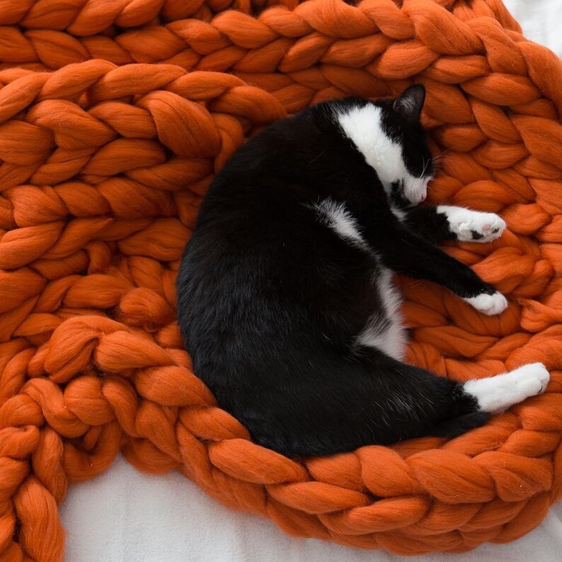 May include: A black and white cat sleeping on a large, chunky orange knit blanket.