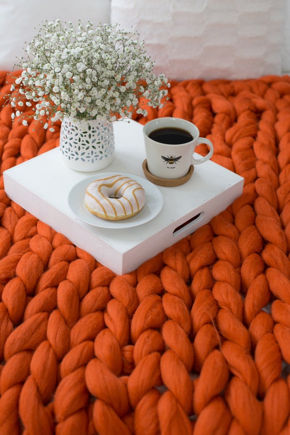 Chunky Knit Blanket, Knit Blanket, Giant Throw, Arm Knitting, Chunky Yarn,  Merino Wool, Thick Yarn, Burnt Orange Throw, Wedding Present Gift 