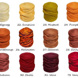 May include: A collection of 12 yarn skeins in various shades of orange, red, and yellow. The skeins are arranged in four rows of three, with each skein labeled with a number and a color name. The colors include Eggnogg, Sunshine, Mustard, Pumpkin, Burnt Orange, Halloween, Caramel, Cinnamon, Autumn, Chilli, Wine, and Vampire.