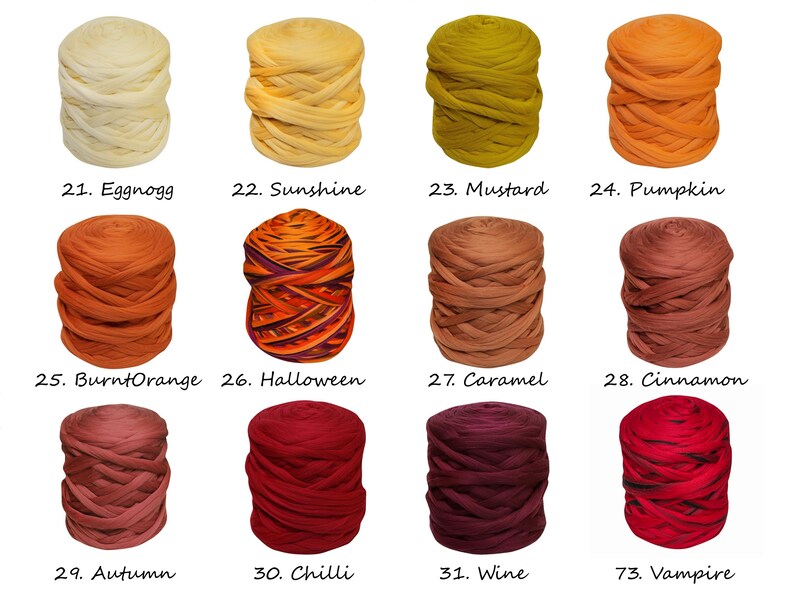 May include: A collection of 12 yarn skeins in various shades of orange, red, and yellow. The skeins are arranged in four rows of three, with each skein labeled with a number and a color name. The colors include Eggnogg, Sunshine, Mustard, Pumpkin, Burnt Orange, Halloween, Caramel, Cinnamon, Autumn, Chilli, Wine, and Vampire.