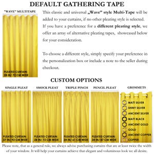 May include: A chart showing different curtain pleating styles, including single pleat, smock pleat, triple pinch, pencil pleat, and grommets. The chart also includes the text "Wave" Multi-Tape, "Pleated Curtain", and measurements in inches and centimeters.