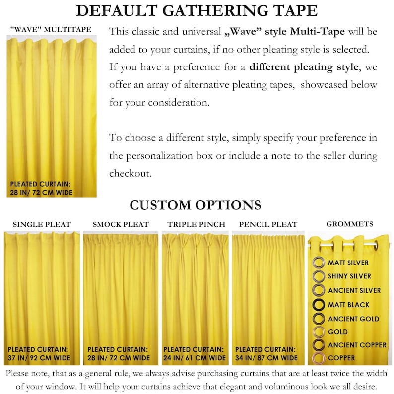 May include: A chart showing different curtain pleating styles, including single pleat, smock pleat, triple pinch, pencil pleat, and grommets. The chart also includes the text "Wave" Multi-Tape, "Pleated Curtain", and measurements in inches and centimeters.