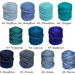 May include: Assortment of blue and turquoise yarn skeins, labelled with numbers and names, including SkyBlue, Baby Blue, Polar Blue, Calypso, Turquoise, Laguna, Sapphire, Navy Blue, Denim, Ocean, and Marine.