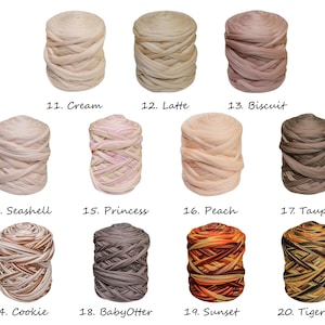 May include: A collection of 10 yarn skeins in various colours, including cream, latte, biscuit, seashell, princess, peach, taupe, cookie, baby otter, sunset, and tiger eye. The yarn is arranged in rows of three, with the numbers 11-20 and the corresponding colour names written below each skein.