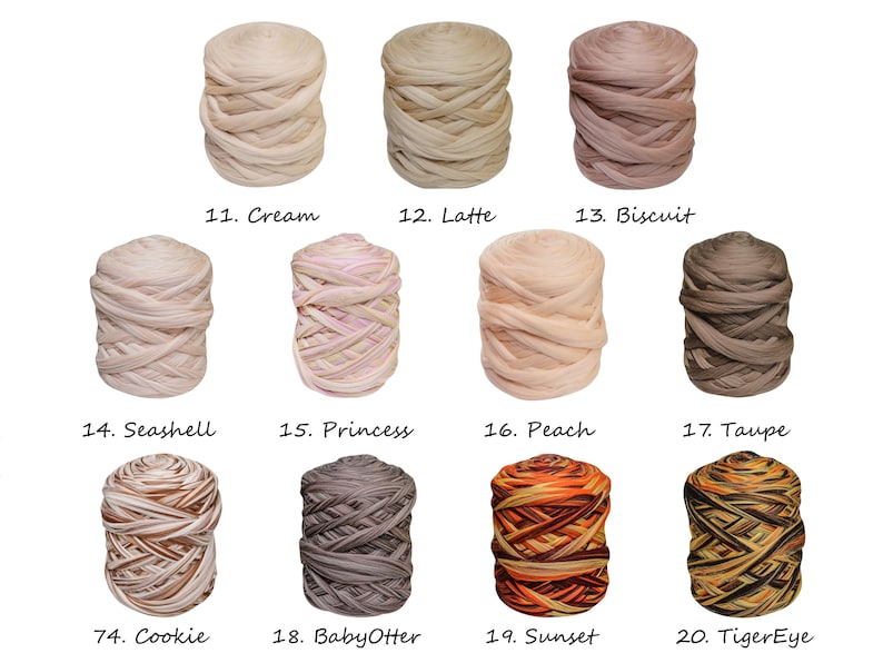May include: A collection of 10 yarn skeins in various colours, including cream, latte, biscuit, seashell, princess, peach, taupe, cookie, baby otter, sunset, and tiger eye. The yarn is arranged in rows of three, with the numbers 11-20 and the corresponding colour names written below each skein.
