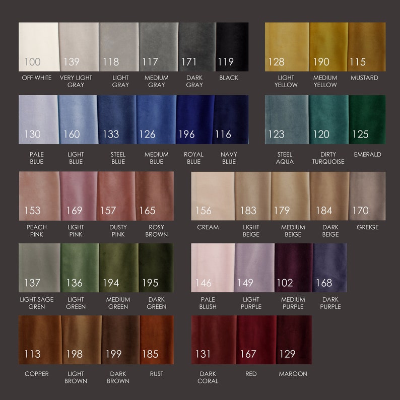 May include: A color chart with 25 different fabric swatches. The swatches are arranged in a grid of five rows and five columns. Each swatch is labeled with a number and a color name. The colors include off white, very light gray, light gray, medium gray, dark gray, black, light yellow, medium yellow, mustard, pale blue, light blue, steel blue, medium blue, royal blue, navy blue, steel aqua, dirty turquoise, emerald, peach pink, light pink, dusty pink, rosy brown, cream, light beige, medium beige, dark beige, greige, light sage green, light green, medium green, dark green, pale blush, light purple, medium purple, dark purple, copper, light brown, dark brown, rust, dark coral, red, and maroon.