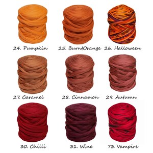 May include: Nine skeins of chunky yarn in various shades of orange, red, and brown. The yarn is arranged in three rows of three skeins each. The skeins are labeled with numbers and names, including Pumpkin, Burnt Orange, Halloween, Caramel, Cinnamon, Autumn, Chilli, Wine, and Vampire.