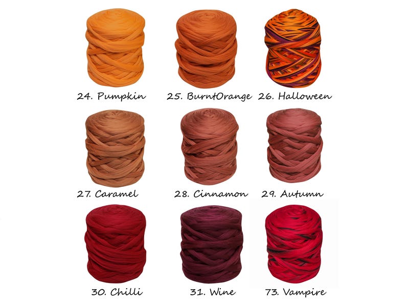 May include: Nine skeins of chunky yarn in various shades of orange, red, and brown. The yarn is arranged in three rows of three skeins each. The skeins are labeled with numbers and names, including Pumpkin, Burnt Orange, Halloween, Caramel, Cinnamon, Autumn, Chilli, Wine, and Vampire.