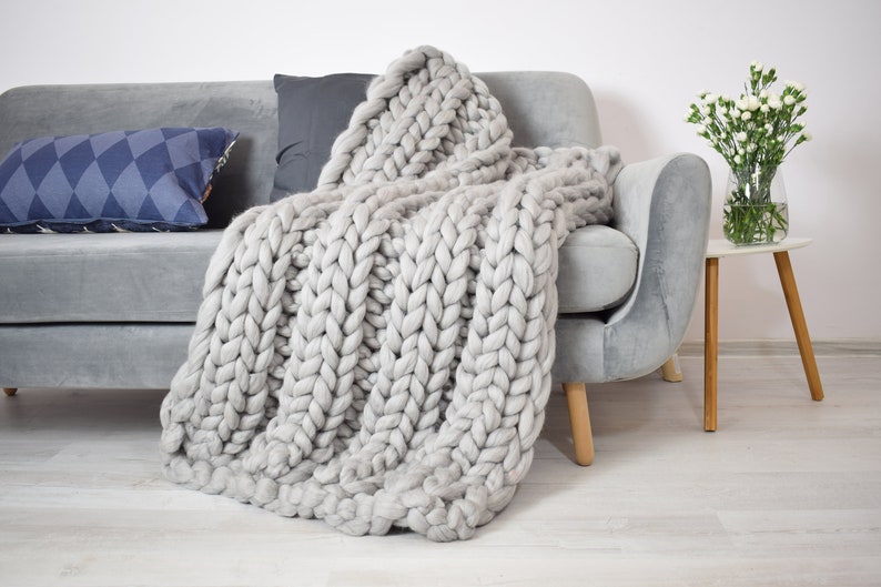 Chunky knit blanket, Knit blanket, Giant throw, Arm knitting, Stripped merino blanket, Thick, Home decor, Boho, Valentines day gift image 6