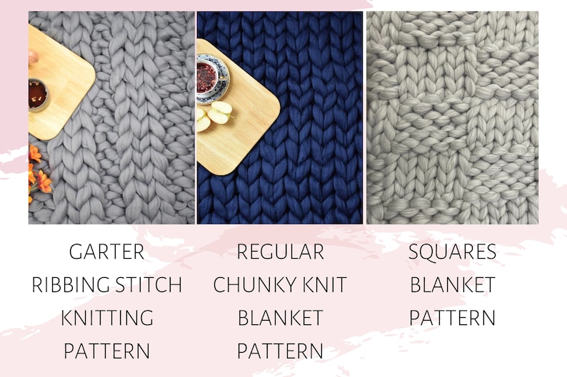 May include: Three close-up images of different knit blanket patterns. The first image shows a grey knit blanket with a garter stitch pattern. The second image shows a navy blue knit blanket with a regular chunky knit pattern. The third image shows a grey knit blanket with a squares pattern.
