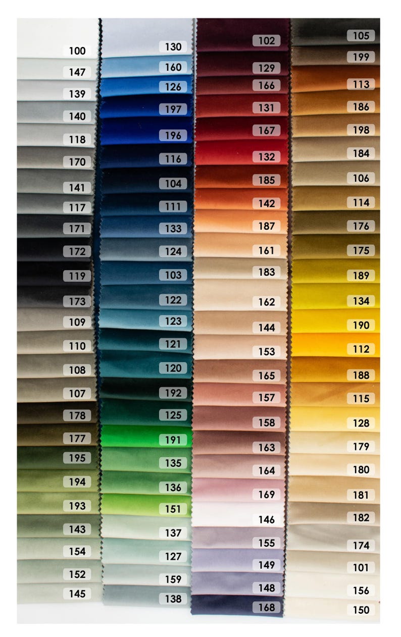 May include: A swatch card with 100 fabric samples in various colors and textures. The swatches are numbered from 100 to 199.
