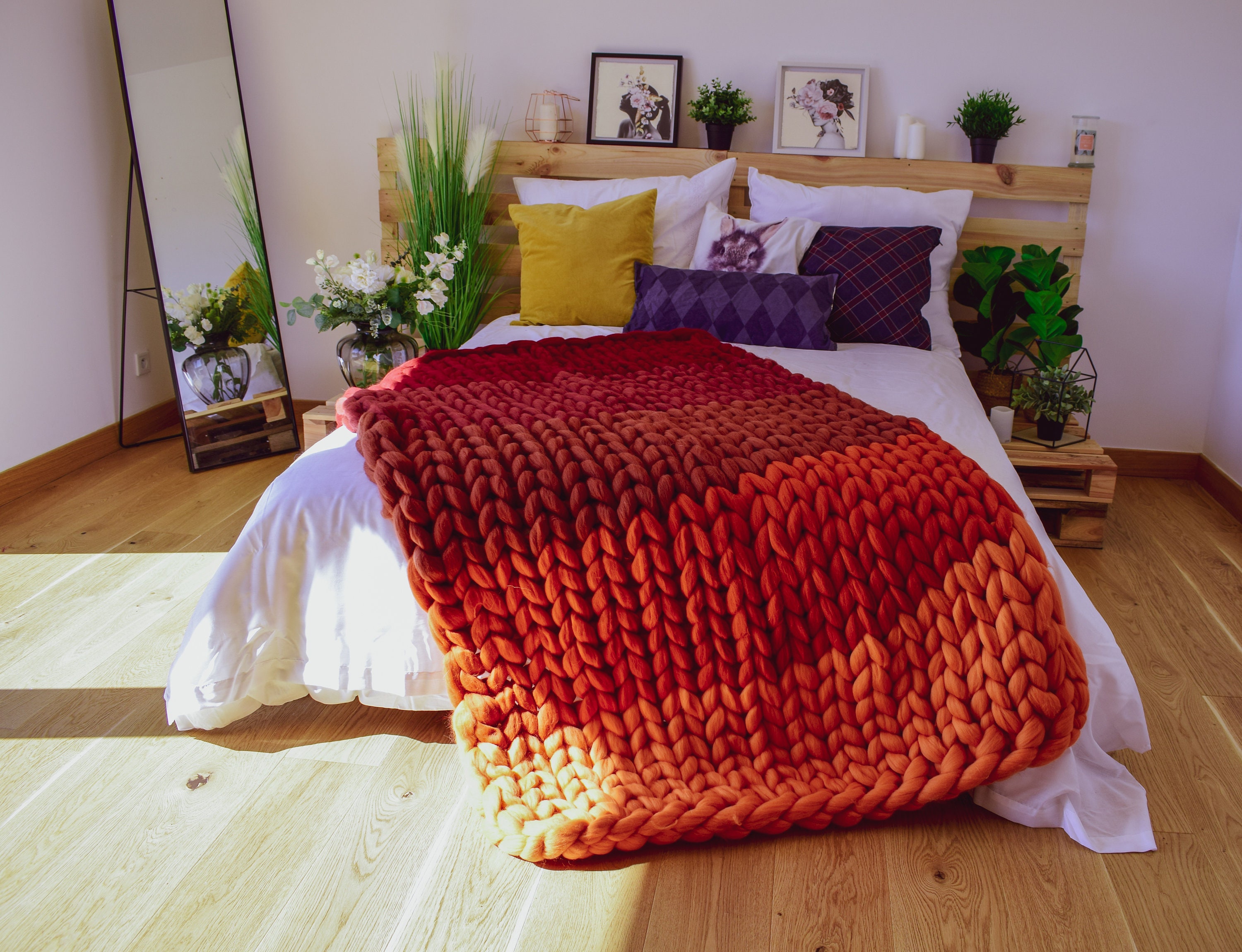 Acrylic Knitted Thick Multicolor Chunky Knit Blanket - Home, Bedroom Decor  Gift for Her - No Shed, Hypoallergenic Soft Hand-Knitted Cozy Thick Yarn  Throw （Without ribbon） 