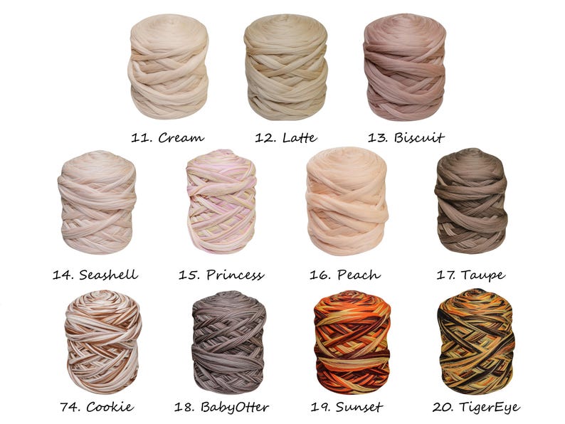 May include: A collection of 10 yarn skeins in various colors, including cream, latte, biscuit, seashell, princess, peach, taupe, cookie, baby otter, sunset, and tiger eye. The yarn is arranged in rows of three, with the numbers 11-20 and the corresponding color names written below each skein.