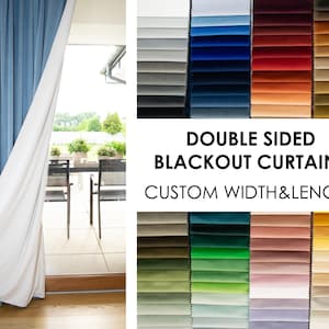 Peut inclure: Rideaux occultants double face dans une variété de couleurs, y compris le bleu, le blanc, le gris, le vert, le rouge et le brun. Les rideaux sont représentés suspendus à une fenêtre, avec le côté blanc face au spectateur. Le texte "DOUBLE SIDED BLACKOUT CURTAINS CUSTOM WIDTH & LENGTH" est affiché sous l'image.