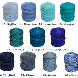 May include: Assortment of blue and turquoise yarn skeins, labeled with numbers and names, including SkyBlue, Baby Blue, Polar Blue, Calypso, Turquoise, Laguna, Sapphire, Navy Blue, Denim, Ocean, and Marine.