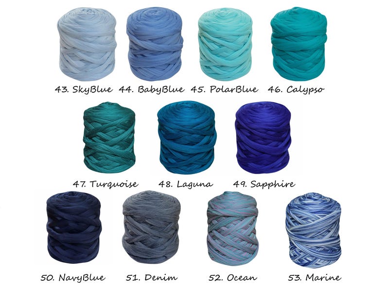 May include: Assortment of blue and turquoise yarn skeins, labeled with numbers and names, including SkyBlue, Baby Blue, Polar Blue, Calypso, Turquoise, Laguna, Sapphire, Navy Blue, Denim, Ocean, and Marine.