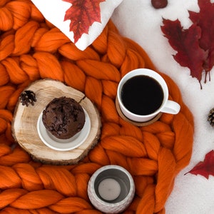 May include: A cozy autumn scene with a cup of coffee, a chocolate muffin, and a chunky knit orange blanket. Red fall leaves and pine cones are scattered around the blanket.