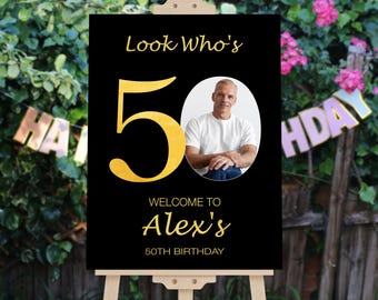 50th Birthday Welcome Sign, Photo Birthday Party Decor with 1 photo