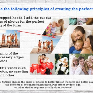 May include: A collage of photos with text explaining the principles of creating a perfect collage. The text says, "I use the following principles of creating the perfect collage. No cropped heads. I add the cut out pieces of photos for the perfect filling of the form. Cropping of the unnecessary edges of photos. Accurate connection of photos, no crawling on each other. PLEASE NOTE: I choose the order of photos to better fill out the form and better save the contents of the photos themselves. Placement by date, age, or other similar requests usually does not work!"