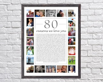 May include: A framed photo collage with 80 reasons why someone is loved. The collage features a black and white text overlay on a white background with a black frame. The collage includes 16 photos of different people and families.