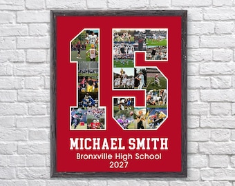 May include: A framed red poster featuring a large white number 15 filled with a collage of football game photographs. Below the number, the text reads MICHAEL SMITH, Bronxville High School, and 2027 in white lettering against the red background.